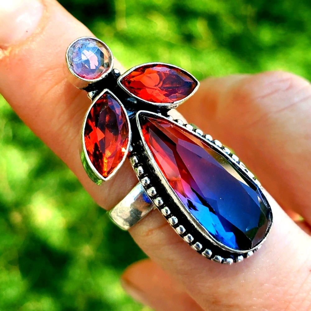 New Bi-Color Tourmaline, Garnet 925 Silver Ring.